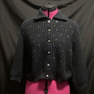 Vintage British Vogue black rhinestone holiday cropped sweater 50’s 60’s  S/M